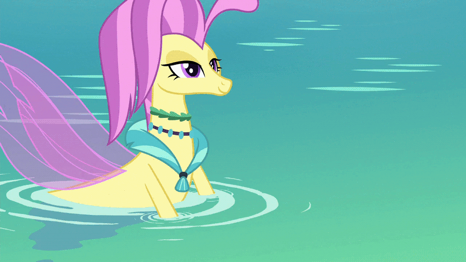 Size: 960x540 | Tagged: safe, screencap, character:ocean flow, character:sky beak, species:classical hippogriff, species:hippogriff, species:seapony (g4), episode:surf and/or turf, g4, my little pony: friendship is magic, animated, beach, cliff, cropped, female, gif, house, husband and wife, jewelry, lantern, male, mount aris, necklace, ocean, smiling, stairs, water
