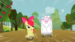 Size: 1280x720 | Tagged: safe, screencap, character:apple bloom, species:earth pony, species:pony, species:sheep, episode:sisterhooves social, g4, my little pony: friendship is magic, apple tree, cloven hooves, duo, female, filly, running, speed lines, tree