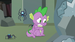 Size: 1280x720 | Tagged: safe, screencap, character:spike, species:dragon, episode:castle mane-ia, g4, my little pony: friendship is magic, crossed arms, male, rubble, scared, sitting, spider, star spider