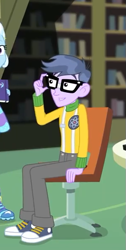 Size: 301x597 | Tagged: safe, screencap, character:microchips, character:trixie, equestria girls:forgotten friendship, g4, my little pony:equestria girls, clothing, converse, cropped, glasses, male, pants, shoes, smiling, sneakers