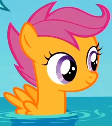 Size: 462x519 | Tagged: safe, screencap, character:scootaloo, species:pegasus, species:pony, episode:surf and/or turf, g4, my little pony: friendship is magic, cropped, cute, cutealoo, female, filly, pegaduck, solo, spread wings, water, wings