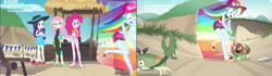 Size: 1911x535 | Tagged: safe, screencap, character:fluttershy, character:pinkie pie, character:rainbow dash, character:rarity, episode:too hot to handle, g4, my little pony:equestria girls, animation frame, aww... baby turtles, beach, clothing, comparison, feet, flip-flops, geode of fauna, geode of sugar bombs, geode of super speed, magical geodes, sandals, swimsuit, wetsuit