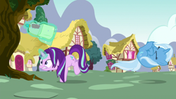 Size: 1280x720 | Tagged: safe, screencap, character:starlight glimmer, character:trixie, episode:all bottled up, g4, my little pony: friendship is magic, bag, ball, bottle, curled up, magic, majestic as fuck, morph ball, rolling, spin dash, telekinesis, tripping, trixieball