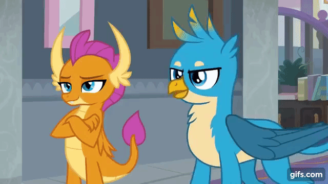 Size: 640x360 | Tagged: safe, screencap, character:gallus, character:smolder, species:dragon, species:griffon, episode:school daze, g4, my little pony: friendship is magic, animated, arrogant, claws, crossed arms, dragoness, duo, female, folded wings, gif, horns, lidded eyes, male, raised eyebrow, raised wing, school of friendship, slit eyes, teenaged dragon, teenager, wing fingers, wing hands, wings