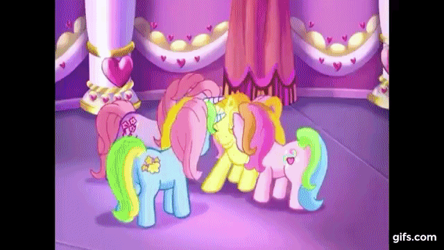 Size: 640x360 | Tagged: safe, screencap, character:brights brightly, character:cheerilee (g3), character:minty, character:pinkie pie (g3), character:rainbow dash (g3), character:rarity (g3), character:spike, character:spike (g3), character:tiddlywink, character:tra-la-la, character:whistle wishes, character:zipzee, species:breezies, species:dragon, species:earth pony, species:pony, species:unicorn, episode:the runaway rainbow, g3, animated, castle, gif, glow, glowing horn, horn growth, magic blast, rainbow, unicornia