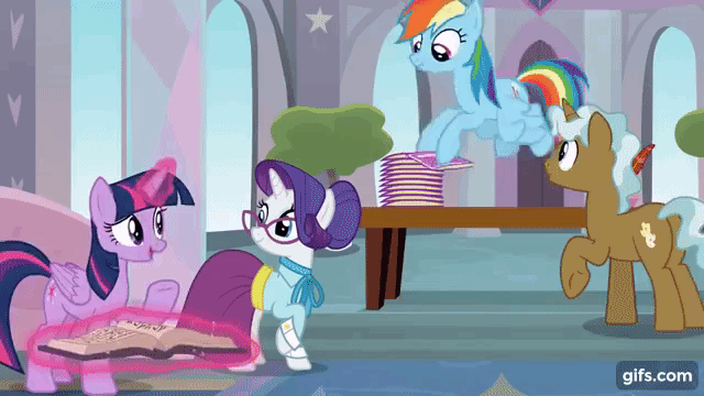 Size: 640x360 | Tagged: safe, screencap, character:ocellus, character:rainbow dash, character:rarity, character:twilight sparkle, character:twilight sparkle (alicorn), species:alicorn, species:pony, episode:school daze, g4, my little pony: friendship is magic, animated, cute, dashabetes, diaocelles, gif, school of friendship, schoolmarm rarity, shy, shy dashie