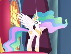 Size: 894x683 | Tagged: safe, screencap, character:princess celestia, species:alicorn, species:pony, episode:horse play, g4, my little pony: friendship is magic, canterlot castle, cropped, cute, cutelestia, ethereal mane, excited, female, mare, solo, spread wings, tiptoe, wings