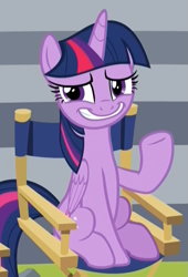 Size: 515x756 | Tagged: safe, screencap, character:twilight sparkle, character:twilight sparkle (alicorn), species:alicorn, species:pony, episode:horse play, g4, my little pony: friendship is magic, chair, cropped, director's chair, faec, female, forced smile, liar, mare, sitting, solo, uncomfortable