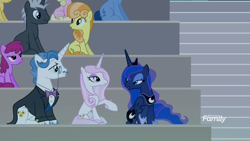 Size: 1920x1080 | Tagged: safe, screencap, character:berry punch, character:berryshine, character:blues, character:dark moon, character:fancypants, character:fleur-de-lis, character:graphite, character:junebug, character:millie, character:noteworthy, character:princess luna, species:alicorn, species:earth pony, species:pony, species:unicorn, episode:horse play, g4, my little pony: friendship is magic, crowd, discovery family logo, female, male, mare, raised hoof, sitting, skunk stripe, stallion, talking