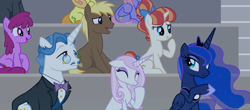Size: 1849x813 | Tagged: safe, screencap, character:berry punch, character:berryshine, character:coco crusoe, character:dark moon, character:fancypants, character:fleur-de-lis, character:graphite, character:junebug, character:princess luna, character:rainbow stars, character:rainbowshine, episode:horse play, g4, my little pony: friendship is magic, cropped, female, laughing, male, skunk stripe