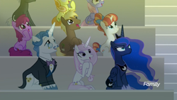 Size: 1920x1080 | Tagged: safe, screencap, character:berry punch, character:berryshine, character:coco crusoe, character:dark moon, character:fancypants, character:fleur-de-lis, character:graphite, character:junebug, character:princess luna, character:rainbow stars, character:rainbowshine, species:alicorn, species:earth pony, species:pegasus, species:pony, species:unicorn, episode:horse play, g4, my little pony: friendship is magic, angry, clapping, dawn, discovery family logo, excited, female, frown, hooves on cheeks, looking up, luna is not amused, male, mare, sitting, smiling, stallion, unamused, varying degrees of amusement
