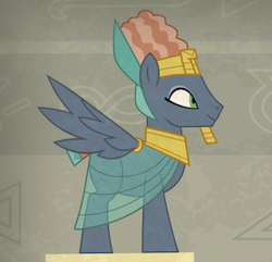 Size: 278x268 | Tagged: safe, screencap, character:prince hisan, species:pegasus, species:pony, episode:daring done, g4, my little pony: friendship is magic, clothing, cropped, fake beard, hieroglyphics, male, side view, solo, spread wings, stallion, wings