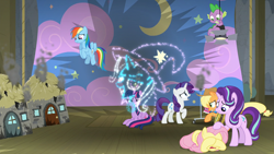 Size: 1920x1080 | Tagged: safe, screencap, character:applejack, character:fluttershy, character:rainbow dash, character:rarity, character:spike, character:starlight glimmer, character:trixie, character:twilight sparkle, character:twilight sparkle (alicorn), species:alicorn, species:dragon, species:pegasus, species:pony, species:unicorn, episode:horse play, g4, my little pony: friendship is magic, female, fireworks, inconvenient trixie, male, mare, smoke