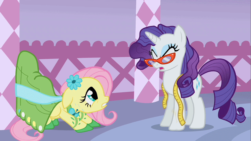 Size: 853x480 | Tagged: safe, screencap, character:fluttershy, character:rarity, species:pegasus, species:pony, species:unicorn, episode:suited for success, g4, my little pony: friendship is magic, animated, carousel boutique, duo, duo female, female, gif, glasses, mare, measuring tape, messy mane, rarity's glasses, stomping
