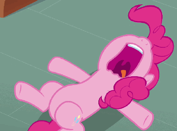Size: 700x519 | Tagged: safe, screencap, character:pinkie pie, episode:too many pinkie pies, g4, my little pony: friendship is magic, adventure with pinkie clone, animated, kicking, nose in the air, on back, open mouth, seizure, sleeping, snoring, tongue out, uvula, vibrating, volumetric mouth