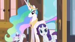 Size: 1280x720 | Tagged: safe, screencap, character:opalescence, character:princess celestia, character:rarity, species:alicorn, species:pony, species:unicorn, episode:sweet and elite, g4, my little pony: friendship is magic, amazed, beautiful, cat, door, eyes closed, female, flowing mane, impressed, looking around, luxury, mare, smiling, trio