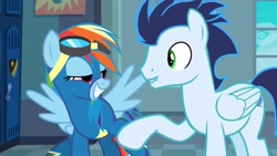 Size: 2560x1440 | Tagged: safe, screencap, character:rainbow dash, character:soarin', episode:grannies gone wild, g4, my little pony: friendship is magic, clothing, goggles, uniform, wonderbolts uniform