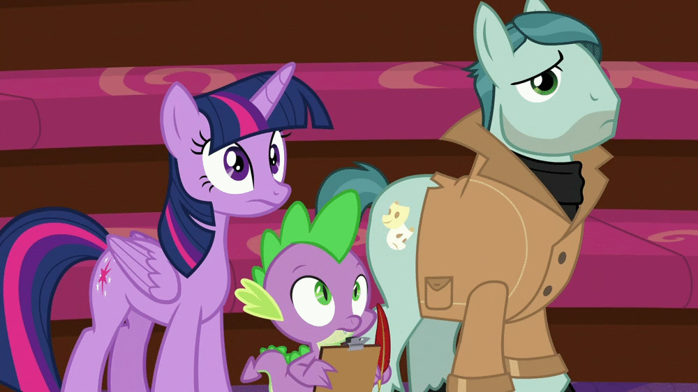Size: 1000x562 | Tagged: safe, screencap, character:on stage, character:spike, character:twilight sparkle, character:twilight sparkle (alicorn), species:alicorn, species:earth pony, species:pony, episode:horse play, g4, my little pony: friendship is magic, animated, clipboard, ear twitch, faec, female, male, mare, stallion, twilight snapple