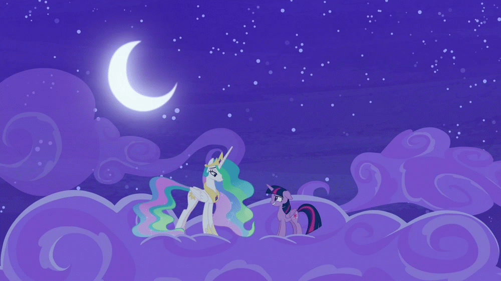 Size: 1000x562 | Tagged: safe, screencap, character:princess celestia, character:twilight sparkle, character:twilight sparkle (alicorn), species:alicorn, species:pony, episode:horse play, g4, my little pony: friendship is magic, animated, cloud, crescent moon, cutie mark, duo, female, floppy ears, gif, grin, hooves, horn, jewelry, mare, moon, night, night sky, on a cloud, raised hoof, regalia, sheepish grin, sky, smiling, standing on a cloud, stars, talking, tiara, wings