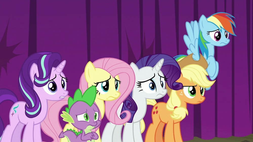 Size: 1000x562 | Tagged: safe, screencap, character:applejack, character:fluttershy, character:pinkie pie, character:rainbow dash, character:rarity, character:spike, character:starlight glimmer, episode:horse play, g4, my little pony: friendship is magic, animated, animation error, gasp, reaction image, shocked