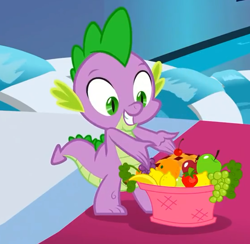 Size: 554x540 | Tagged: safe, screencap, character:spike, species:dragon, episode:horse play, g4, my little pony: friendship is magic, apple, banana, basket, cherry, cropped, food, fruit, grapes, male, pie, smiling, solo