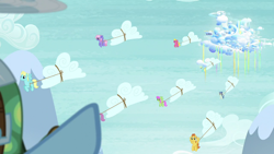 Size: 1280x720 | Tagged: safe, screencap, character:merry may, character:parasol, character:rainbow dash, character:rainbowshine, character:sassaflash, character:spring skies, character:tank, species:pegasus, species:pony, episode:tanks for the memories, g4, my little pony: friendship is magic, background pony, cloud, cloud moving, cloudsdale, dewdrop, pointing, rainbow waterfall, warm front, working