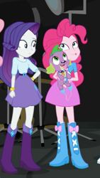 Size: 1242x2208 | Tagged: safe, screencap, character:pinkie pie, character:rarity, character:spike, character:spike (dog), species:dog, equestria girls:movie magic, g4, my little pony:equestria girls, belt, boots, bracelet, clothing, cropped, female, jewelry, male, raised eyebrow, shoes, skirt, tongue out, trio