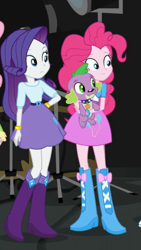 Size: 1242x2208 | Tagged: safe, screencap, character:fluttershy, character:pinkie pie, character:rarity, character:spike, character:spike (dog), species:dog, equestria girls:movie magic, g4, my little pony:equestria girls, belt, boots, bracelet, clothing, cropped, female, jewelry, male, offscreen character, paws, raised leg, shoes, skirt, smiling, trio
