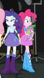 Size: 1242x2208 | Tagged: safe, screencap, character:fluttershy, character:pinkie pie, character:rarity, character:spike, character:spike (dog), species:dog, equestria girls:movie magic, g4, my little pony:equestria girls, belt, boots, bracelet, clothing, cropped, female, jewelry, male, offscreen character, shoes, skirt