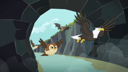 Size: 1280x720 | Tagged: safe, screencap, species:bird, species:owl, episode:may the best pet win, g4, my little pony: friendship is magic, animal, bald eagle, bird of prey, eagle, falcon, flying, ghastly gorge, peregrine falcon, race, spread wings, tunnel, wings