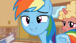 Size: 1280x720 | Tagged: safe, screencap, character:rainbow dash, species:pegasus, species:pony, species:unicorn, episode:grannies gone wild, g4, my little pony: friendship is magic, background pony, dreamworks face, elderly, female, grin, lidded eyes, magic, magic aura, mare, smiling, smug, smugdash, ticket, unnamed pony