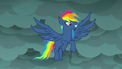 Size: 1280x720 | Tagged: safe, screencap, character:evil pie hater dash, character:rainbow dash, species:pegasus, species:pony, episode:secrets and pies, g4, my little pony: friendship is magic, adorapiehater, cloud, cute, female, flying, mare, smiling, solo, spread wings, wings