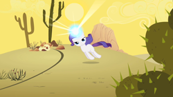 Size: 1280x720 | Tagged: safe, screencap, character:rarity, species:pony, species:unicorn, episode:the cutie mark chronicles, g4, my little pony: friendship is magic, blank flank, cactus, cow skull, dead, desert, female, filly, filly rarity, floating, glowing horn, lidded eyes, prickly pear, rariquest, rarity being dragged to her destiny, rarity is not amused, saguaro cactus, skull, solo, unamused, younger