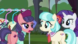 Size: 1280x720 | Tagged: safe, screencap, character:coco pommel, character:rarity, character:raspberry beret, episode:made in manehattan, g4, my little pony: friendship is magic, beret, clothes rack, clothing, collar, flower, hat, method mares, sweater