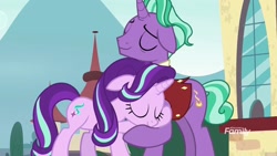 Size: 1920x1080 | Tagged: safe, screencap, character:firelight, character:starlight glimmer, species:pony, species:unicorn, episode:the parent map, g4, discovery family logo, duo, eyes closed, father and daughter, female, floppy ears, happy, happy ending, heartwarming, hug, male, mare, stallion, sweet dreams fuel, wholesome
