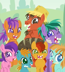 Size: 878x970 | Tagged: safe, screencap, species:earth pony, species:pony, episode:the parent map, g4, ancient pony grain bread, bad teeth, broken teeth, clothing, colt, cropped, family, female, filly, hat, male, mare, sire's hollow, stallion, straw hat