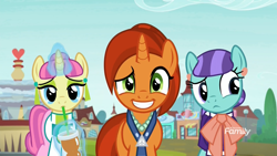 Size: 1920x1080 | Tagged: safe, screencap, character:carbon fizz, character:mixed berry, character:stellar flare, species:earth pony, species:pony, species:unicorn, episode:the parent map, g4, background pony, bow tie, clothing, discovery family logo, dreamworks face, ear piercing, earring, female, forced smile, glowing horn, jewelry, levitation, magic, mare, nervous grin, pants, piercing, raised eyebrow, shirt, sire's hollow, smiling, smoothie, telekinesis, uneasy