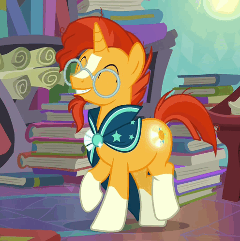 Size: 496x497 | Tagged: safe, screencap, character:sunburst, species:pony, species:unicorn, episode:the parent map, g4, adorkable, animated, book, booty call, cropped, cute, cutie mark, dork, eyes closed, gif, glowing cutie mark, grin, happy, male, smiling, solo, sunbetes, trotting, trotting in place