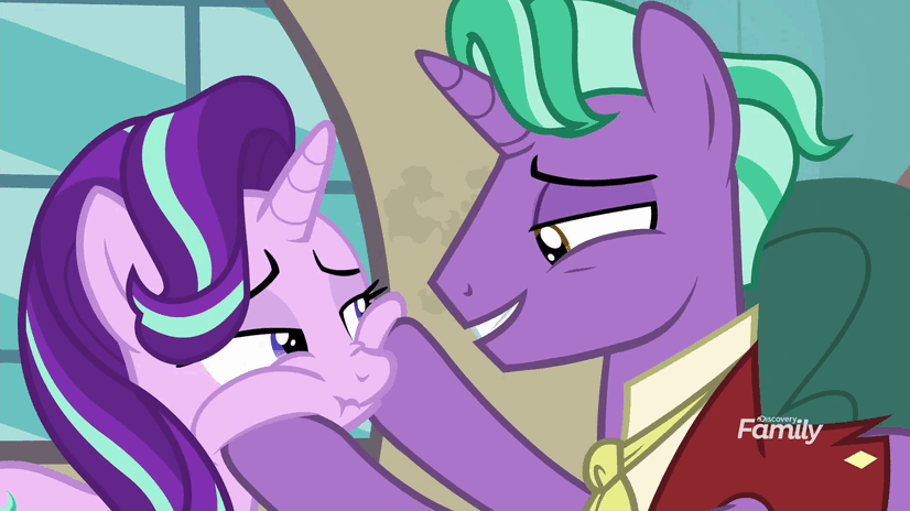 Size: 826x464 | Tagged: safe, screencap, character:firelight, character:starlight glimmer, species:pony, species:unicorn, episode:the parent map, g4, animated, annoyed, belittling, cheek squish, cute, duo, eyes closed, father and daughter, female, firebetes, floppy ears, gif, glimmerbetes, grin, happy, lidded eyes, male, mare, reunion, scrunchy face, sire's hollow, smiling, squishy cheeks, stallion