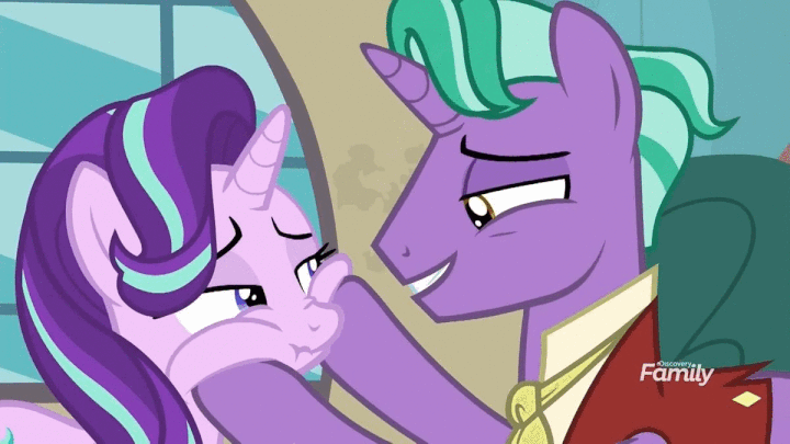 Size: 720x405 | Tagged: safe, screencap, character:firelight, character:starlight glimmer, species:pony, species:unicorn, episode:the parent map, g4, animated, annoyed, cheek squish, cute, duo, father and daughter, female, firebetes, gif, happy, lidded eyes, loop, male, mare, scrunchy face, sire's hollow, smiling, squishy cheeks, stallion, unamused