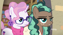 Size: 1920x1080 | Tagged: safe, screencap, character:minty mocha, character:raspberry latte, species:earth pony, species:pony, species:unicorn, episode:the parent map, g4, bathrobe, bookstore, clothing, discovery family logo, duo, ear piercing, earring, female, glasses, gritted teeth, jewelry, lidded eyes, mare, piercing, robe, scarf, sire's hollow