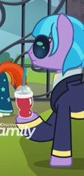 Size: 320x667 | Tagged: safe, screencap, character:hush slush, character:sunburst, species:earth pony, species:pony, episode:the parent map, g4, clothing, cropped, drinking straw, hoof hold, male, shirt, sire's hollow, smoothie, solo focus, stallion, suit, sunglasses