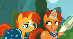 Size: 1172x628 | Tagged: safe, screencap, character:stellar flare, character:sunburst, species:pony, species:unicorn, episode:the parent map, g4, faec, female, frown, glasses, glowing horn, gritted teeth, magic, male, mare, mother and son, raised eyebrow, raised hoof, scroll, sire's hollow, stallion, sunburst is not amused, telekinesis, that pony sure does love plans, unamused