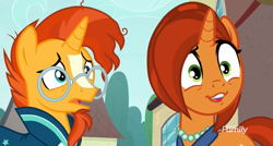 Size: 1170x627 | Tagged: safe, screencap, character:stellar flare, character:sunburst, species:pony, species:unicorn, episode:the parent map, g4, discovery family logo, duo, faec, female, frown, male, mare, mother and son, sire's hollow, smiling, stallion