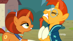 Size: 1920x1080 | Tagged: safe, screencap, character:stellar flare, character:sunburst, species:pony, species:unicorn, episode:the parent map, g4, angry, beard, cape, clothing, context is for the weak, discovery family logo, duo, eyes closed, facial hair, female, frustrated, glasses, grin, gritted teeth, male, mare, mother and son, out of context, sire's hollow, smiling, stallion