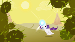 Size: 1440x806 | Tagged: safe, screencap, character:rarity, species:pony, species:unicorn, episode:the cutie mark chronicles, g4, my little pony: friendship is magic, blank flank, cactus, desert, female, filly, filly rarity, floating, glowing horn, lidded eyes, prickly pear, rariquest, rarity being dragged to her destiny, rarity is not amused, solo, unamused, younger