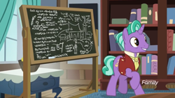 Size: 1366x768 | Tagged: safe, screencap, character:firelight, species:pony, species:unicorn, episode:the parent map, g4, book, bookshelf, chalk, chalkboard, clothing, discovery family logo, male, sire's hollow, stallion