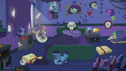 Size: 1920x1080 | Tagged: safe, screencap, character:starlight glimmer, episode:the parent map, g4, bad guitar anatomy, bat pony alicorn, bed, bedroom, book, boots, chains, crystal, edgelight glimmer, eyeball, goth, guitar, it's a phase, it's not a phase, it's not a phase mom it's who i am, kite, no pony, plushie, poster, shoes, skateboard, skull, starlight's room