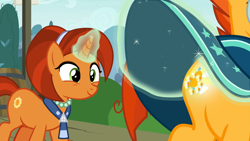 Size: 1920x1080 | Tagged: safe, screencap, character:stellar flare, character:sunburst, species:pony, species:unicorn, episode:the parent map, g4, assisted exposure, booty call, context is for the weak, discovery family logo, duo, eyes on the prize, female, glowing cutie mark, glowing horn, look at my ass, magic, male, mare, mother and son, out of context, smiling, stallion, telekinesis