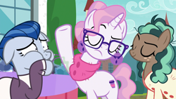 Size: 1920x1080 | Tagged: safe, screencap, character:ever essence, character:minty mocha, character:raspberry latte, species:earth pony, species:pony, species:unicorn, episode:the parent map, g4, armpits, body odor, disgusted, female, glasses, hipster, mare, sire's hollow, smell, smelly, trio, visible stench